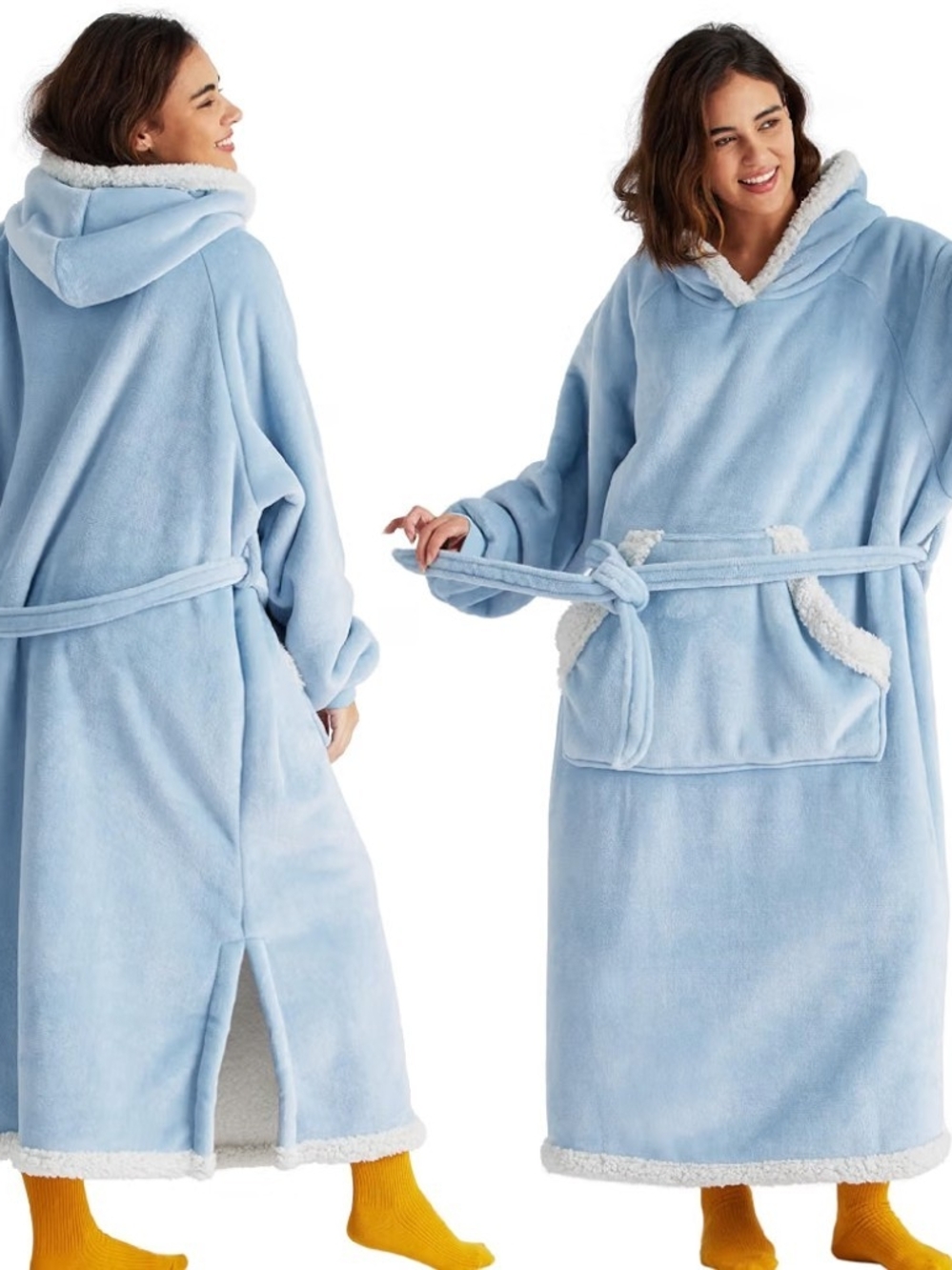 Plush Blanket Hooded Sherpa-Lined Robe - Light Blue One Size Fits Most